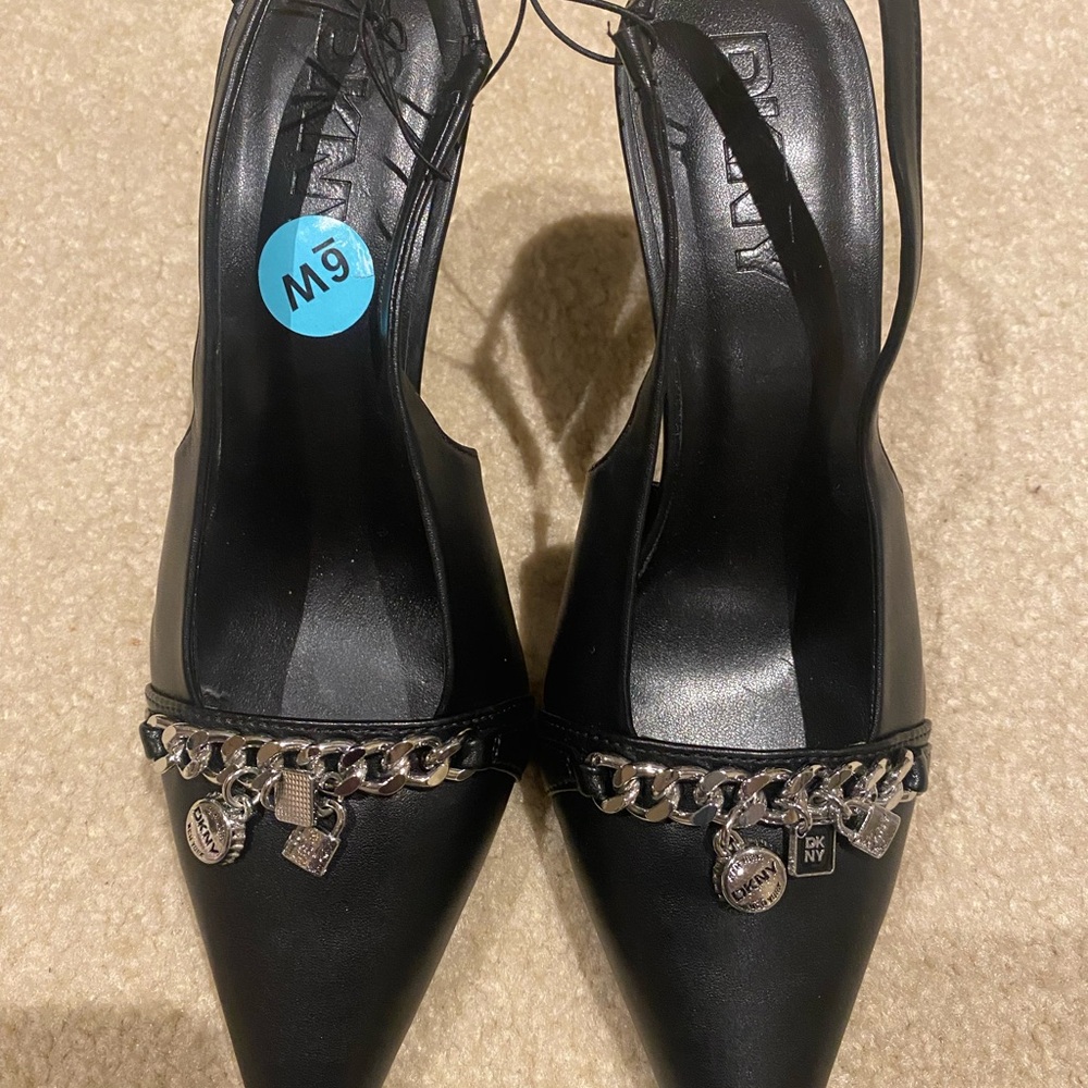 DKNY Black Heels with Silver Chain Detail